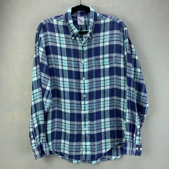 Brooks Brothers Irish Linen Shirt Mens Large Blue Plaid Regent Button‎ Down - Picture 1 of 15